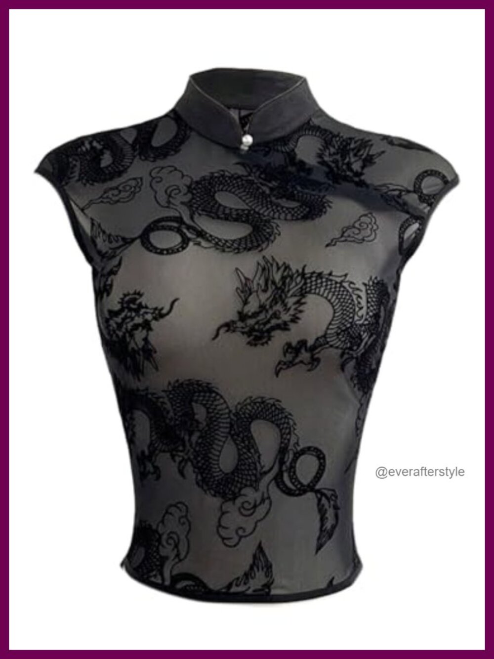 Sheer Mesh Dragon Print Cap Sleeve Going Out T-Shirt